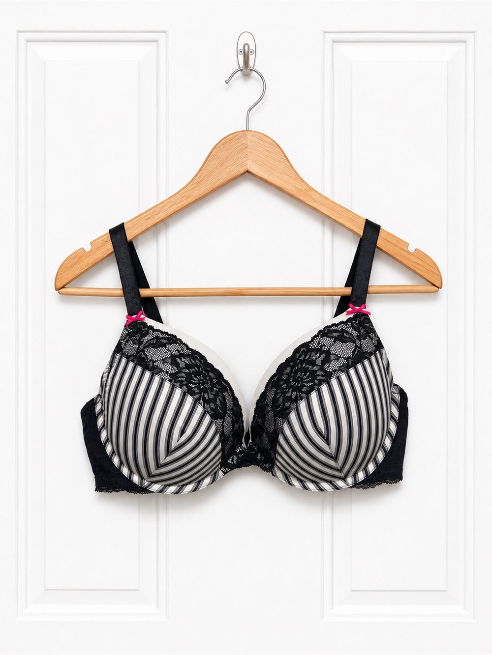 Cacique Black White Striped Lace Plunge Bra 42DD Pink Bow Accents